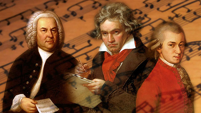 Picture of famous composers Bach, Beethoven and Mozart