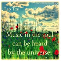 Picture of quote on scenic background, reading "Music in the soul can be heard by the universe"